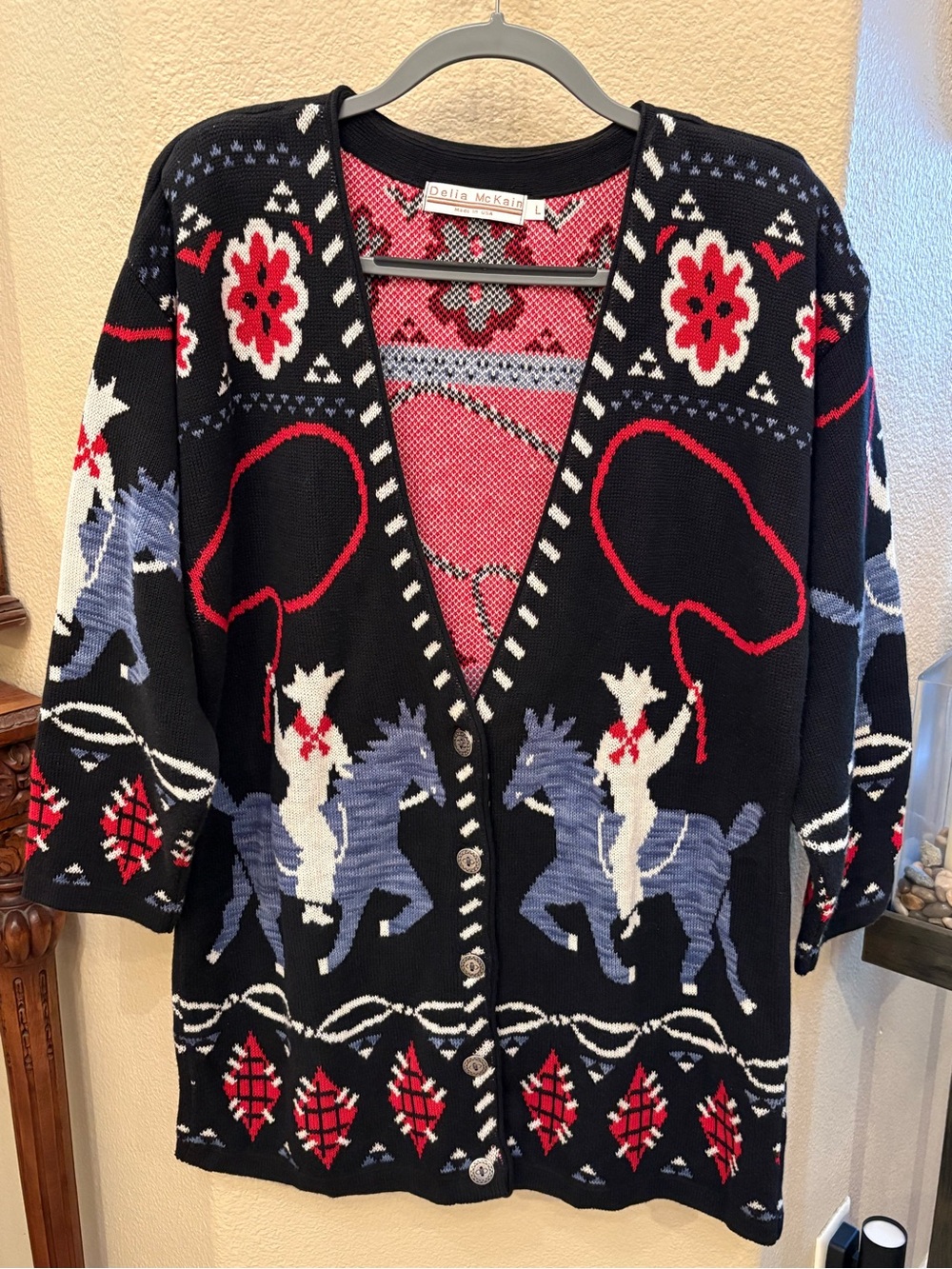 Vintage Delia McKain Western Horse Pattern Button Cardigan Sweater Size Large